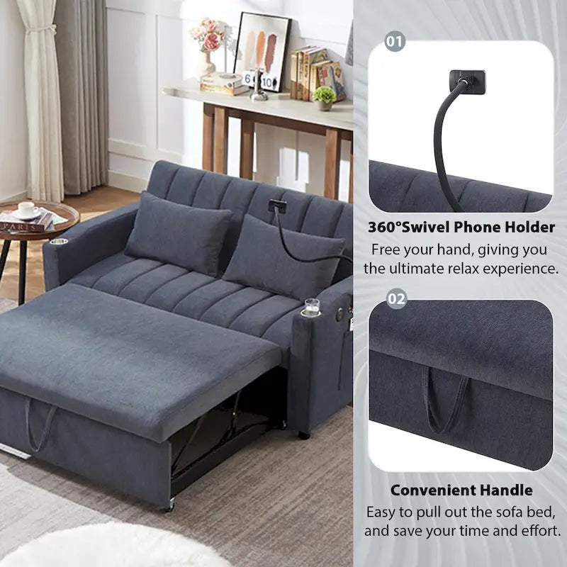 Convertible Sofa Bed with 3-Angle Adjustable Backrest, USB Ports, Cup Holders & Side Pockets, 1100 lbs Capacity