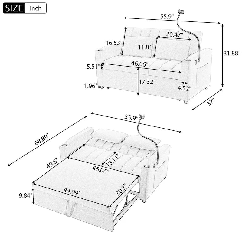 Convertible Sofa Bed with 3-Angle Adjustable Backrest, USB Ports, Cup Holders & Side Pockets, 1100 lbs Capacity