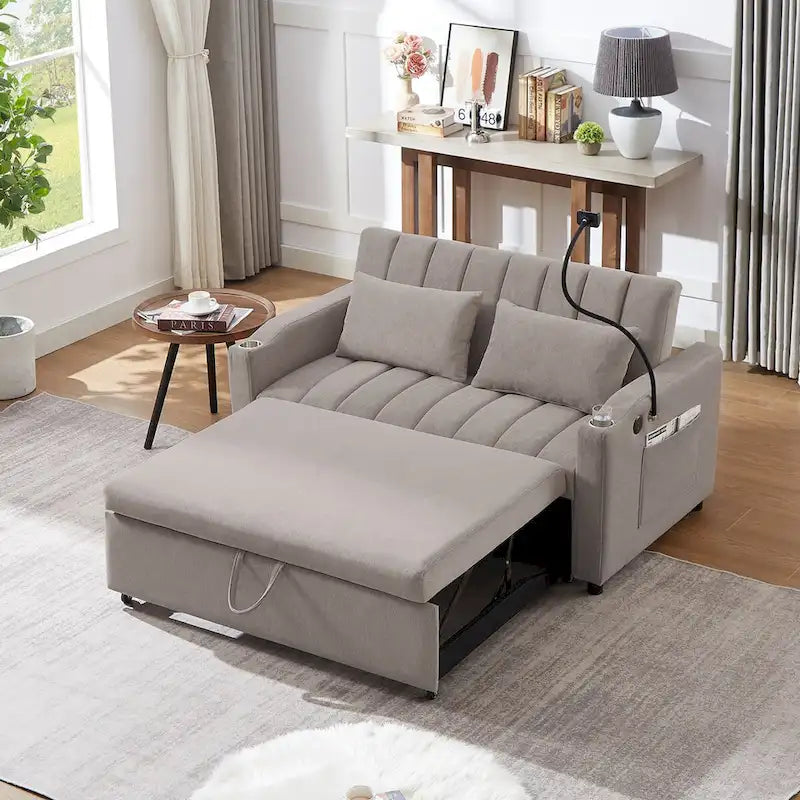 Convertible Sofa Bed with 3-Angle Adjustable Backrest, USB Ports, Cup Holders & Side Pockets, 1100 lbs Capacity