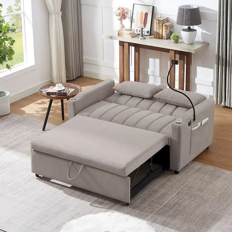 Convertible Sofa Bed with 3-Angle Adjustable Backrest, USB Ports, Cup Holders & Side Pockets, 1100 lbs Capacity