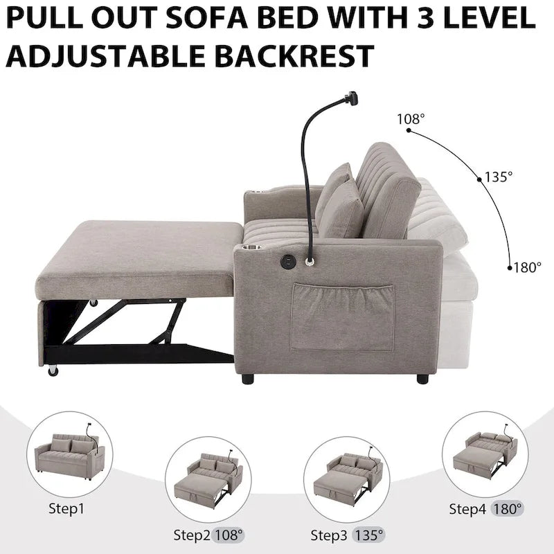 Convertible Sofa Bed with 3-Angle Adjustable Backrest, USB Ports, Cup Holders & Side Pockets, 1100 lbs Capacity