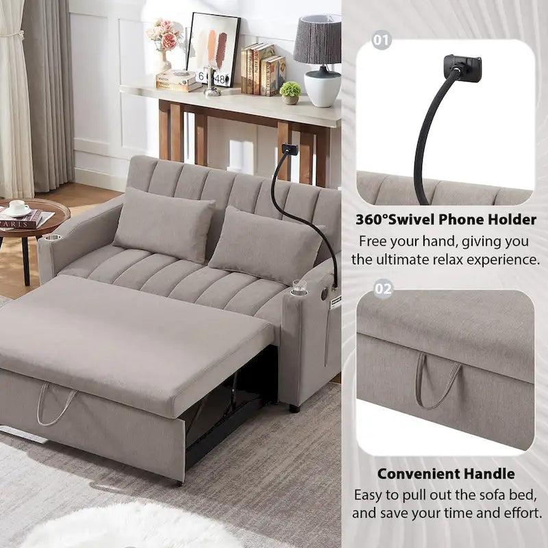 Convertible Sofa Bed with 3-Angle Adjustable Backrest, USB Ports, Cup Holders & Side Pockets, 1100 lbs Capacity