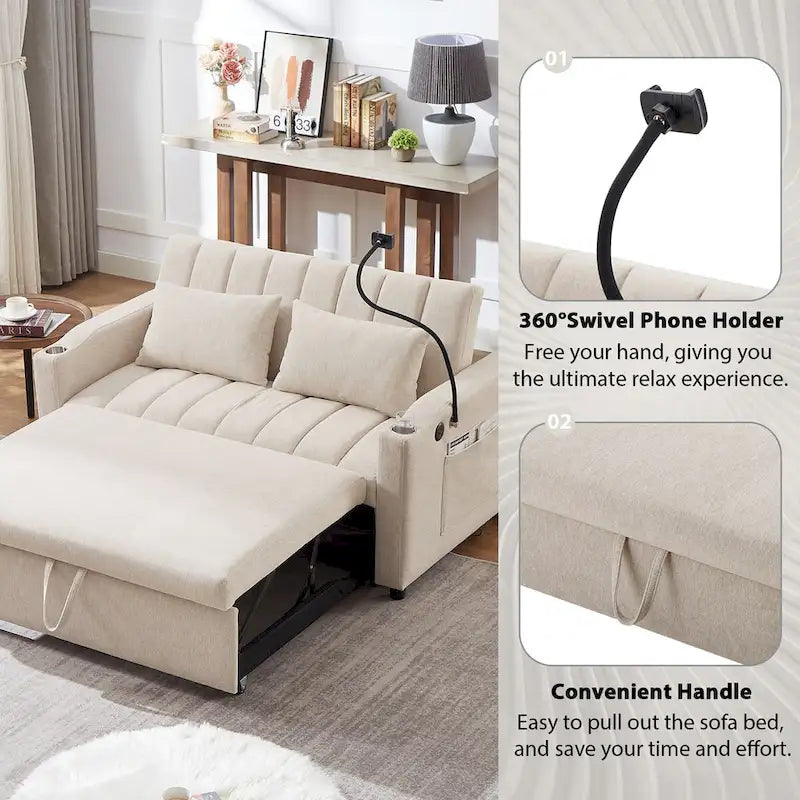 Convertible Sofa Bed with 3-Angle Adjustable Backrest, USB Ports, Cup Holders & Side Pockets, 1100 lbs Capacity