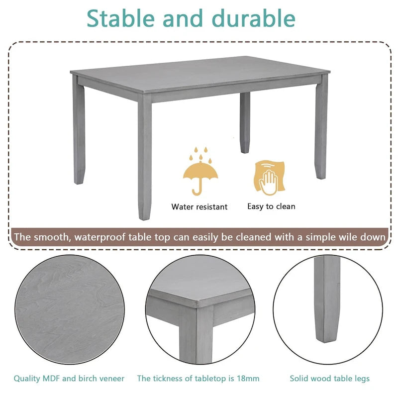 Rectangular Dining Table for 4, MDF & Solid Wood Legs, Water-Resistant Surface, 45.5"L x 28.5"W x 30"H, Gray