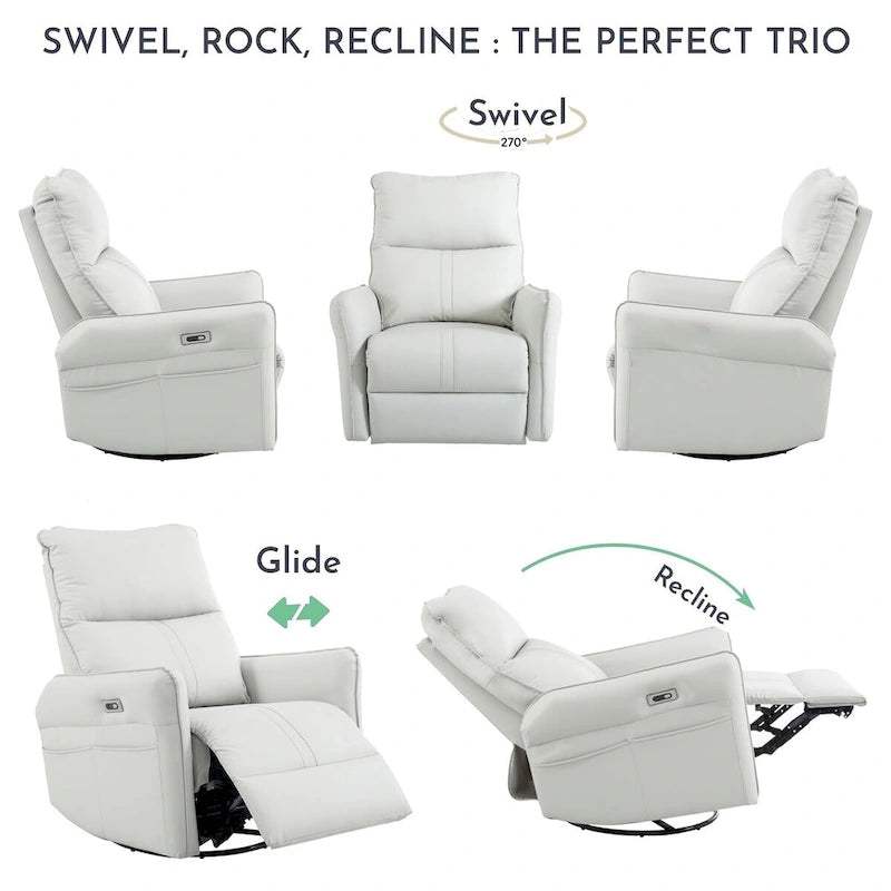 270° Power Swivel Rocker Recliner Chair with USB Ports, Light Gray