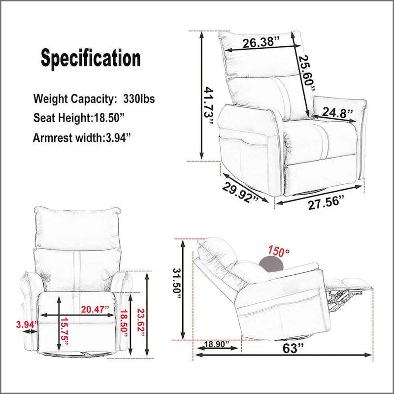 270° Power Swivel Rocker Recliner Chair with USB Ports, Light Gray