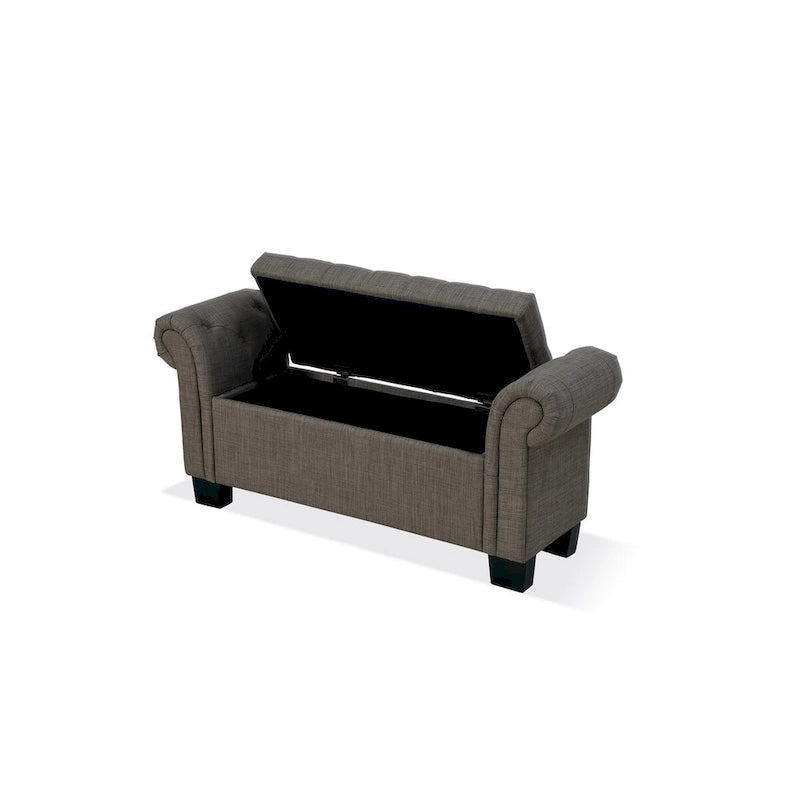 54-Inch Storage Bench with Tufted Seat, Rolled Arms & Hidden Storage, Polyester Linen, Gray