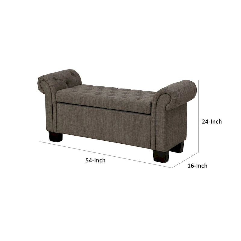 54-Inch Storage Bench with Tufted Seat, Rolled Arms & Hidden Storage, Polyester Linen, Gray