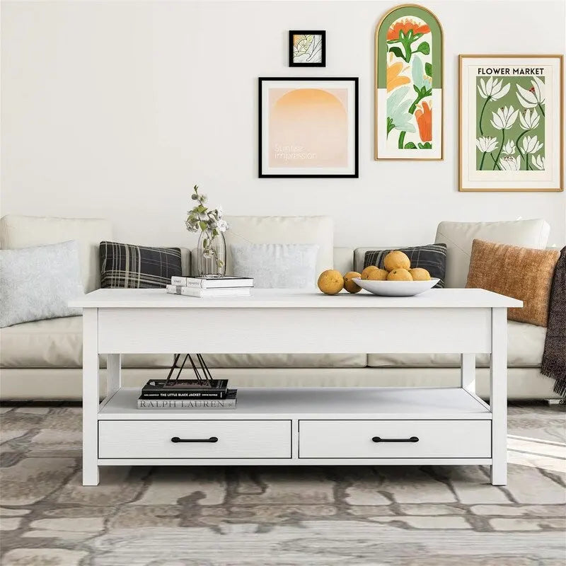 Lift Top Coffee Table with Hidden Compartment, 2 Drawers & Open Shelf, 44.1"W x 21.7"D, Industrial Style