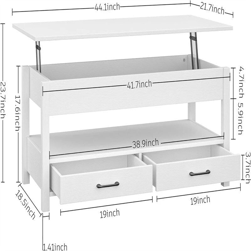Lift Top Coffee Table with Hidden Compartment, 2 Drawers & Open Shelf, 44.1"W x 21.7"D, Industrial Style
