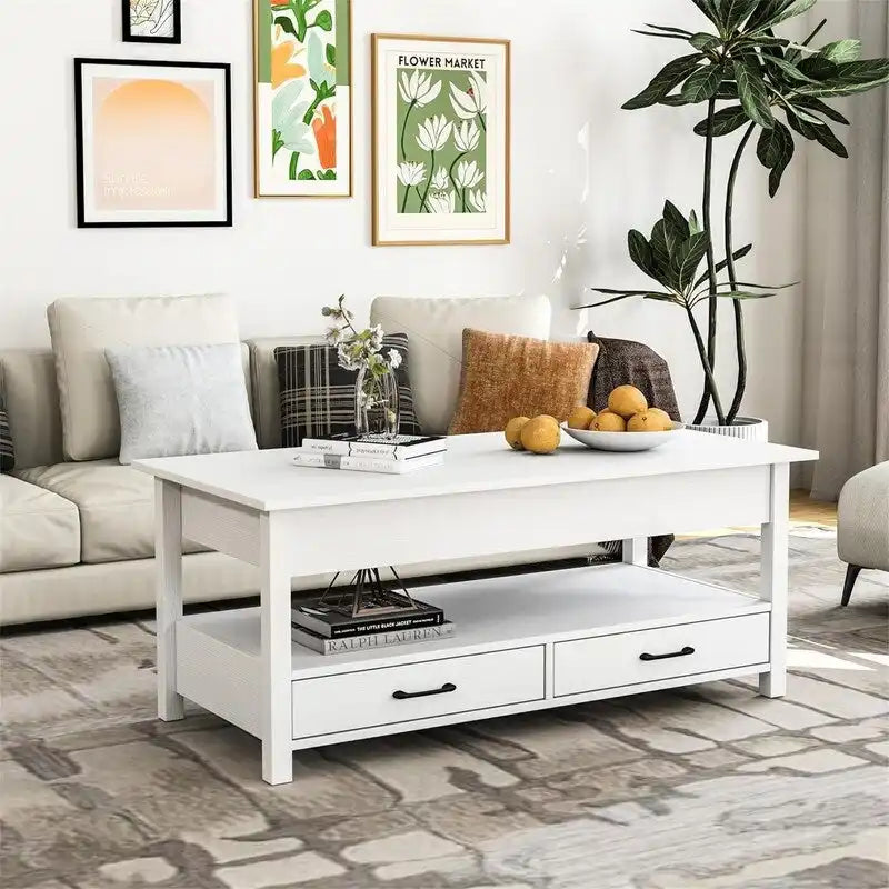 Lift Top Coffee Table with Hidden Compartment, 2 Drawers & Open Shelf, 44.1"W x 21.7"D, Industrial Style