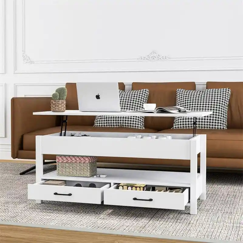 Lift Top Coffee Table with Hidden Compartment, 2 Drawers & Open Shelf, 44.1"W x 21.7"D, Industrial Style