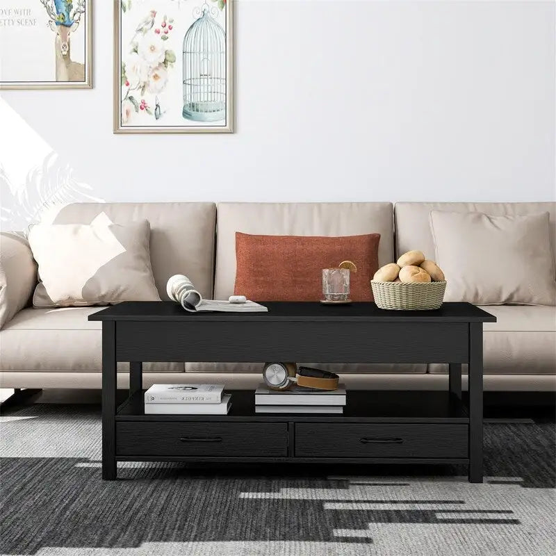 Lift Top Coffee Table with Hidden Compartment, 2 Drawers & Open Shelf, 44.1"W x 21.7"D, Industrial Style