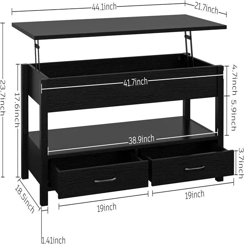 Lift Top Coffee Table with Hidden Compartment, 2 Drawers & Open Shelf, 44.1"W x 21.7"D, Industrial Style