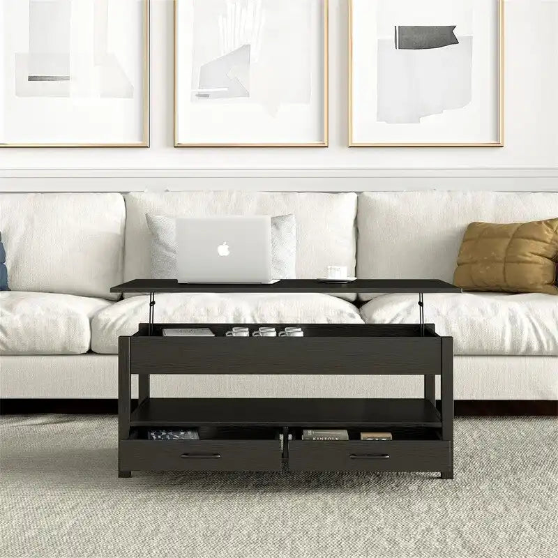Lift Top Coffee Table with Hidden Compartment, 2 Drawers & Open Shelf, 44.1"W x 21.7"D, Industrial Style