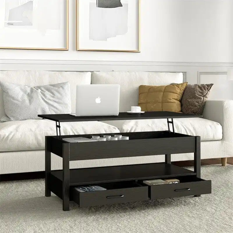 Lift Top Coffee Table with Hidden Compartment, 2 Drawers & Open Shelf, 44.1"W x 21.7"D, Industrial Style