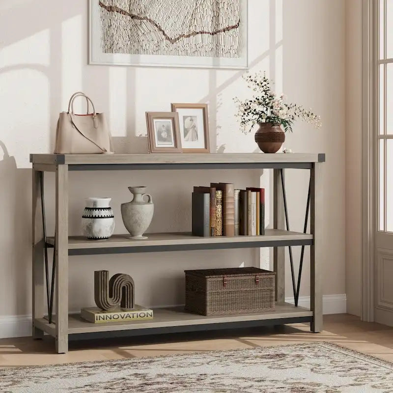 3-Tier Farmhouse Console Table, 47.2" Entryway Sofa Table, MDF Top, Grey or Brown
