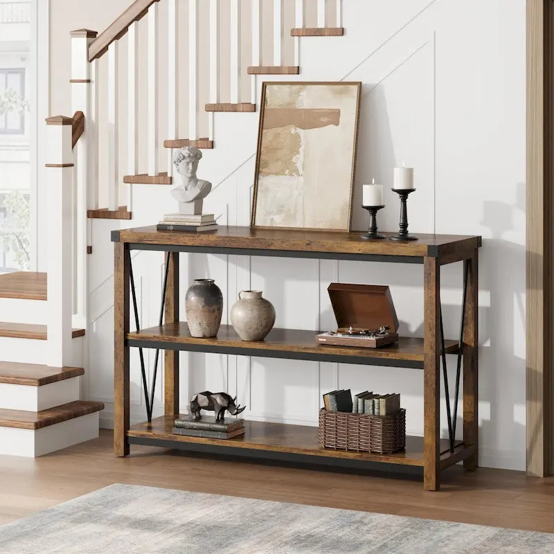 3-Tier Farmhouse Console Table, 47.2" Entryway Sofa Table, MDF Top, Grey or Brown