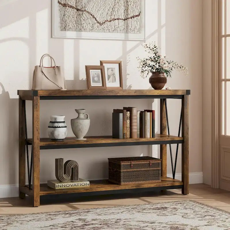 3-Tier Farmhouse Console Table, 47.2" Entryway Sofa Table, MDF Top, Grey or Brown