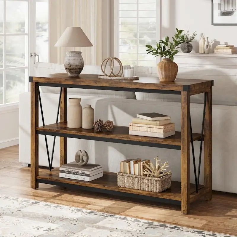 3-Tier Farmhouse Console Table, 47.2" Entryway Sofa Table, MDF Top, Grey or Brown