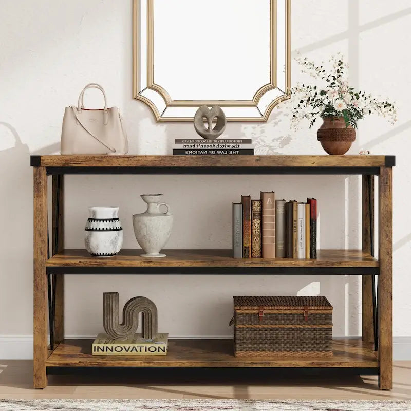 3-Tier Farmhouse Console Table, 47.2" Entryway Sofa Table, MDF Top, Grey or Brown