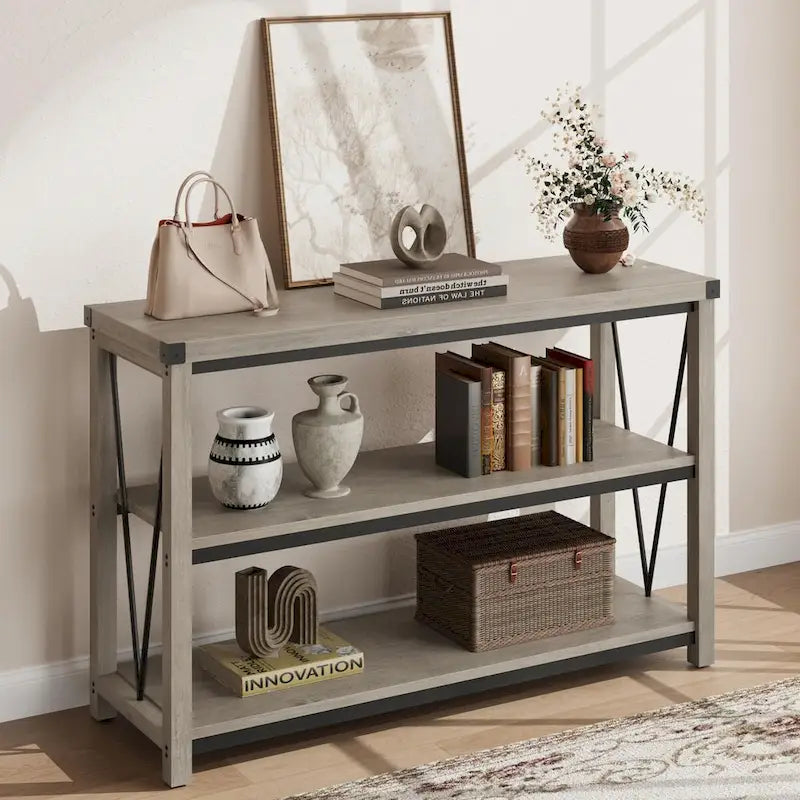 3-Tier Farmhouse Console Table, 47.2" Entryway Sofa Table, MDF Top, Grey or Brown