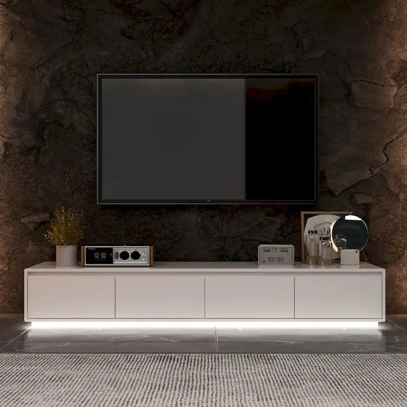 White High Gloss TV Stand with LED Lighting, 70.9" Wide, Open Shelving & Soft-Close Cabinets