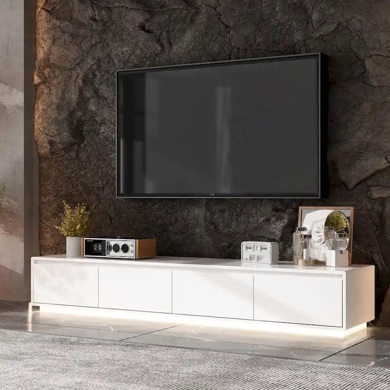 White High Gloss TV Stand with LED Lighting, 70.9" Wide, Open Shelving & Soft-Close Cabinets