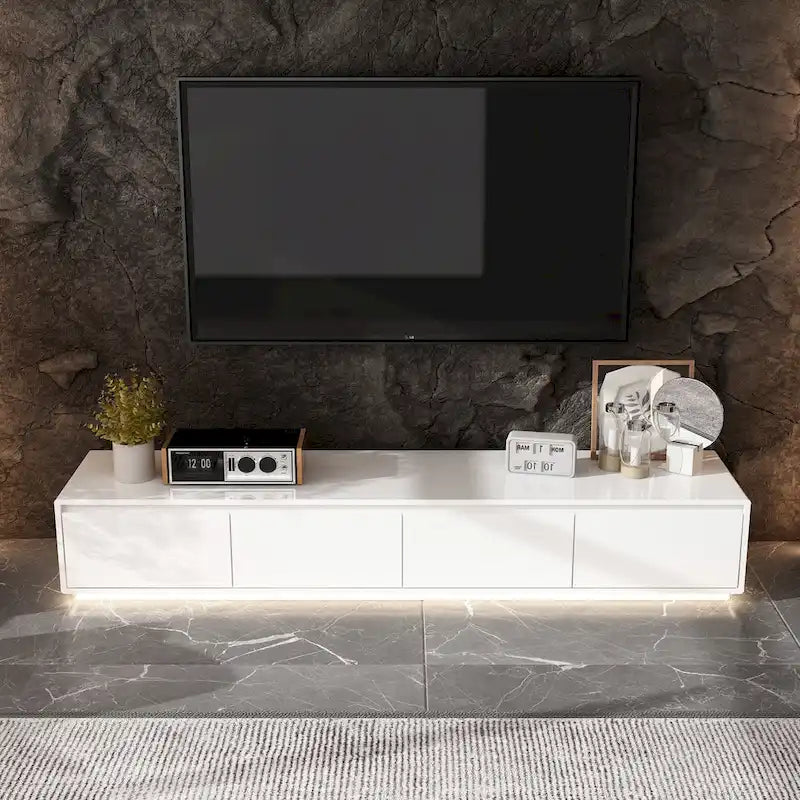White High Gloss TV Stand with LED Lighting, 70.9" Wide, Open Shelving & Soft-Close Cabinets