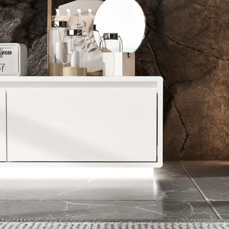 White High Gloss TV Stand with LED Lighting, 70.9" Wide, Open Shelving & Soft-Close Cabinets