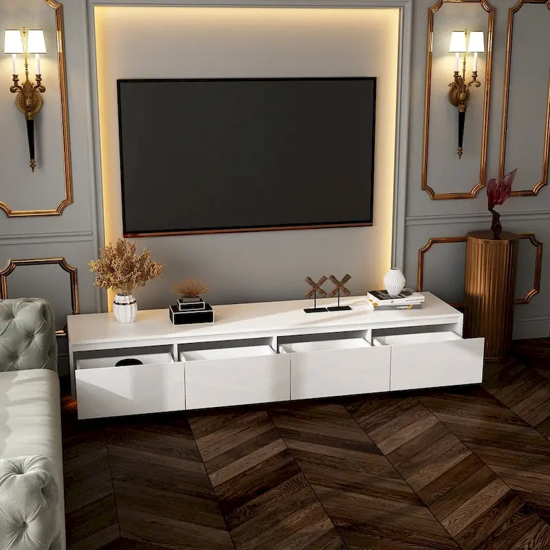 White High Gloss TV Stand with LED Lighting, 70.9" Wide, Open Shelving & Soft-Close Cabinets