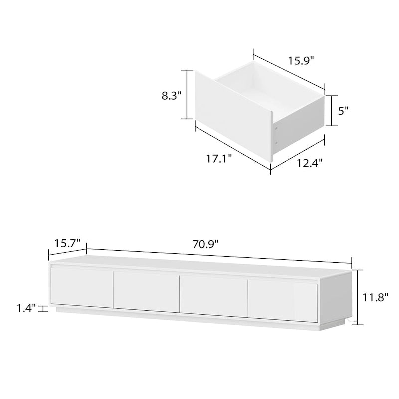 White High Gloss TV Stand with LED Lighting, 70.9" Wide, Open Shelving & Soft-Close Cabinets