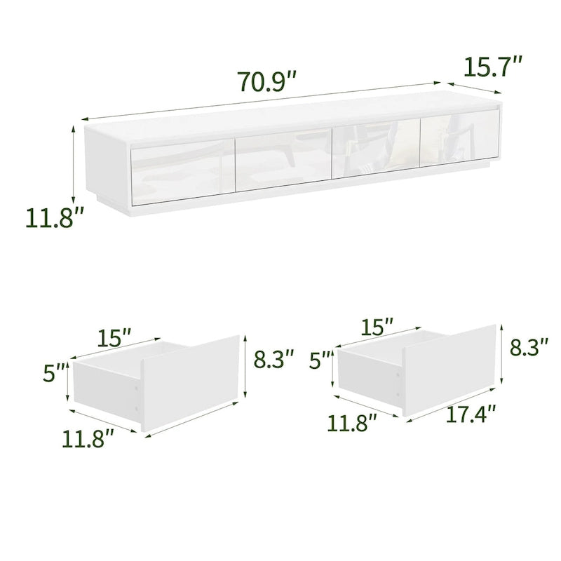 White High Gloss TV Stand with LED Lighting, 70.9" Wide, Open Shelving & Soft-Close Cabinets