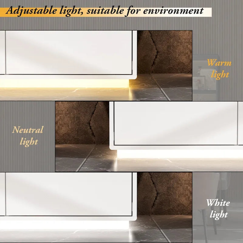White High Gloss TV Stand with LED Lighting, 70.9" Wide, Open Shelving & Soft-Close Cabinets