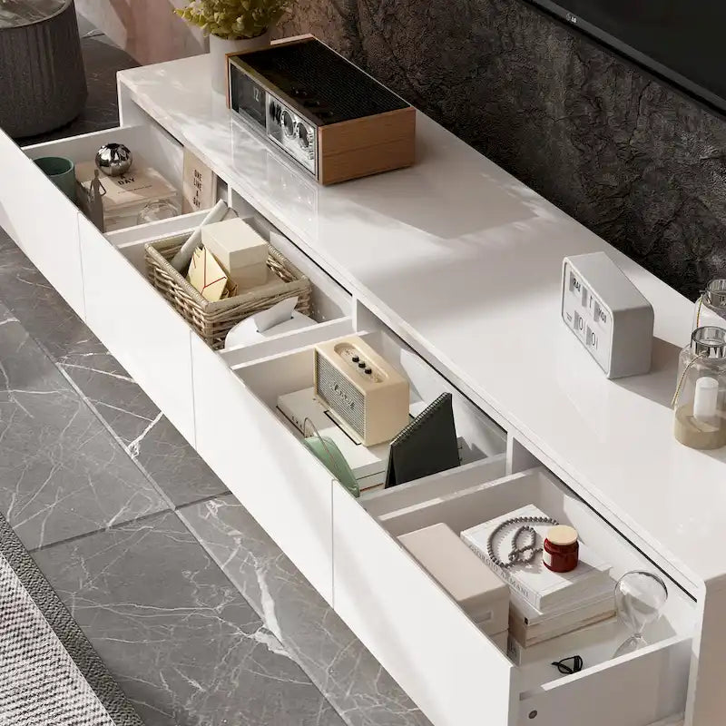 White High Gloss TV Stand with LED Lighting, 70.9" Wide, Open Shelving & Soft-Close Cabinets
