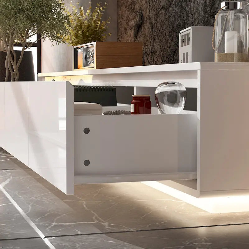 White High Gloss TV Stand with LED Lighting, 70.9" Wide, Open Shelving & Soft-Close Cabinets