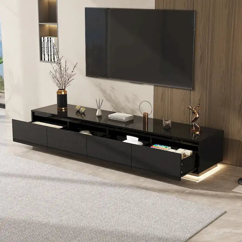 White High Gloss TV Stand with LED Lighting, 70.9" Wide, Open Shelving & Soft-Close Cabinets
