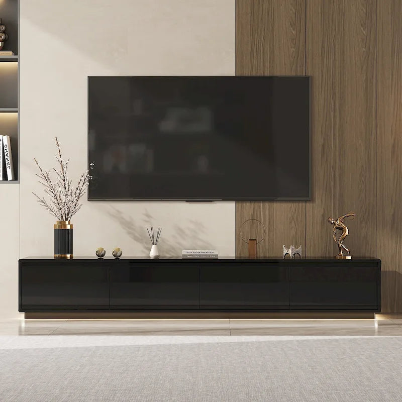 White High Gloss TV Stand with LED Lighting, 70.9" Wide, Open Shelving & Soft-Close Cabinets