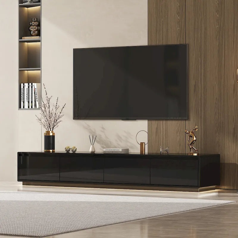 White High Gloss TV Stand with LED Lighting, 70.9" Wide, Open Shelving & Soft-Close Cabinets