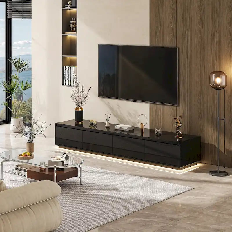 White High Gloss TV Stand with LED Lighting, 70.9" Wide, Open Shelving & Soft-Close Cabinets