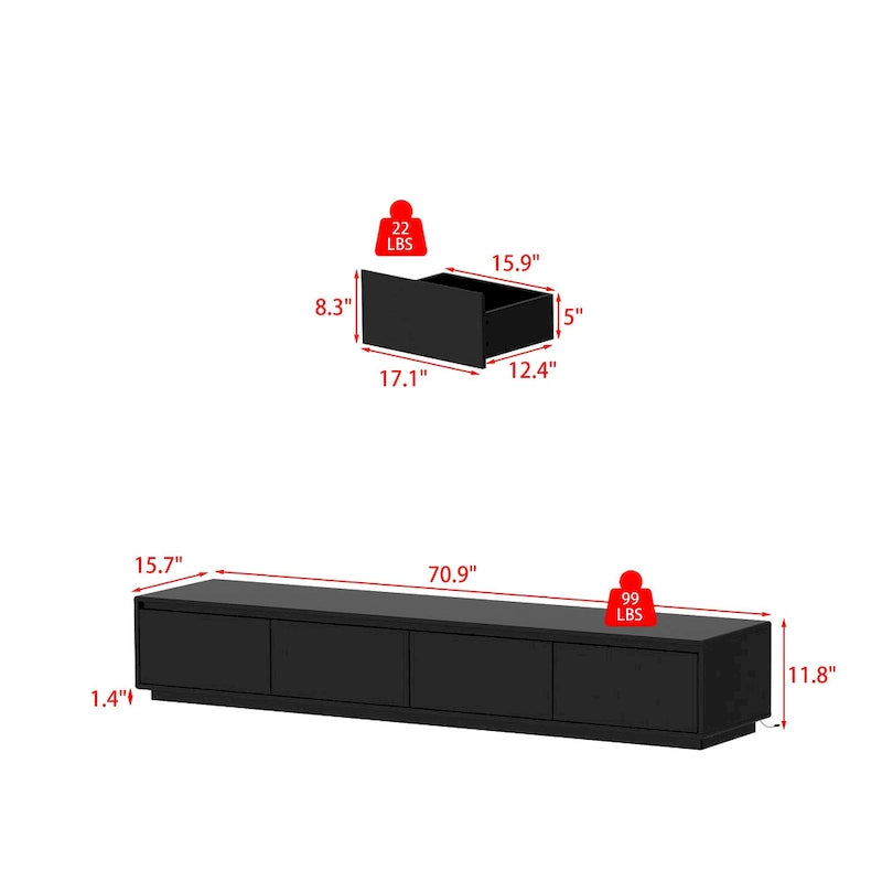 White High Gloss TV Stand with LED Lighting, 70.9" Wide, Open Shelving & Soft-Close Cabinets