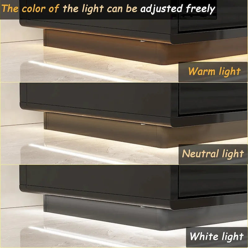 White High Gloss TV Stand with LED Lighting, 70.9" Wide, Open Shelving & Soft-Close Cabinets
