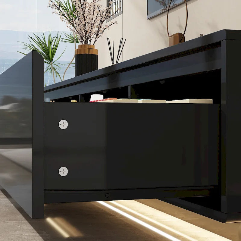 White High Gloss TV Stand with LED Lighting, 70.9" Wide, Open Shelving & Soft-Close Cabinets
