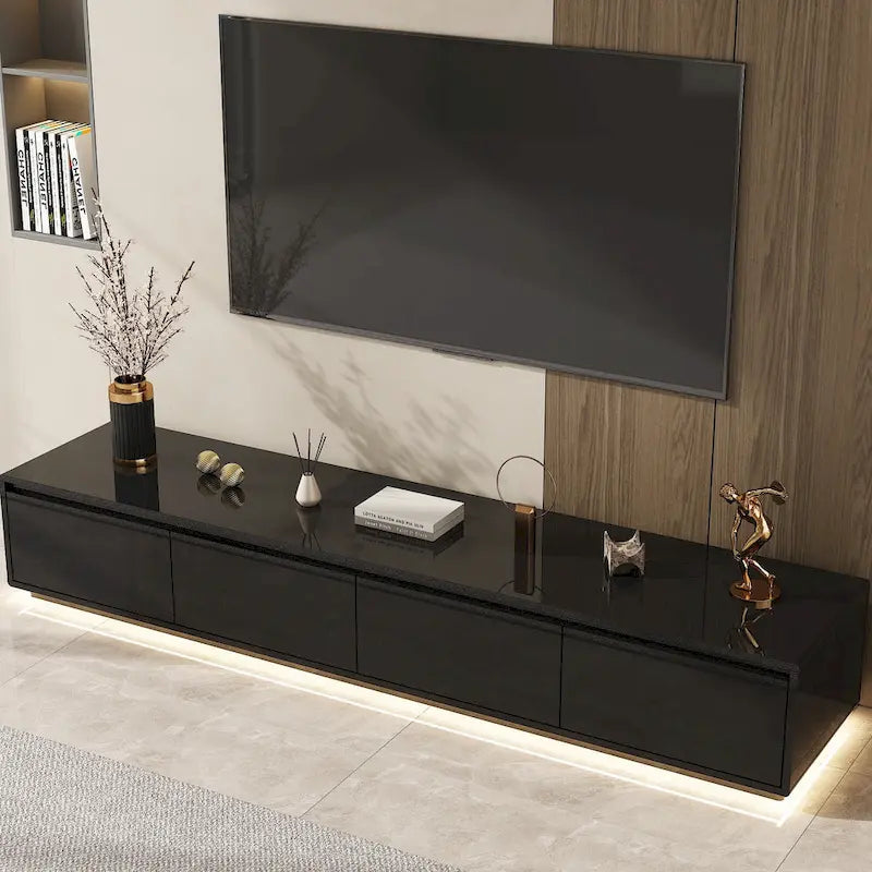 White High Gloss TV Stand with LED Lighting, 70.9" Wide, Open Shelving & Soft-Close Cabinets