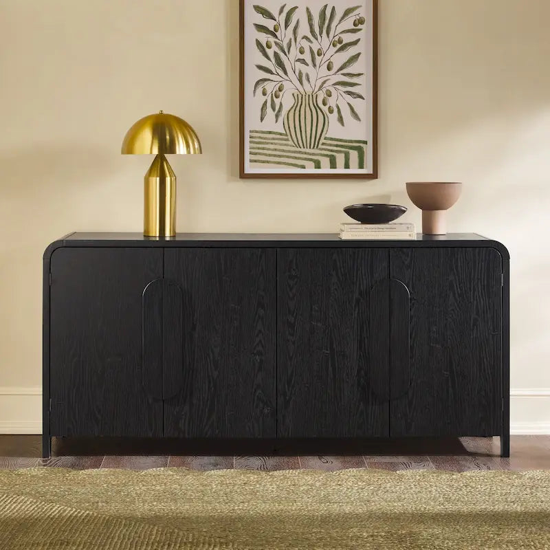 64" Modern Sideboard with Waterfall Edges, Wooden Pulls & Storage Shelves, MDF, 64W x 20D x 30H in