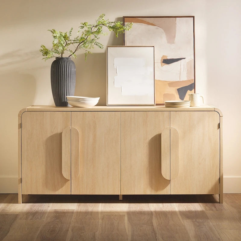 64" Modern Sideboard with Waterfall Edges, Wooden Pulls & Storage Shelves, MDF, 64W x 20D x 30H in