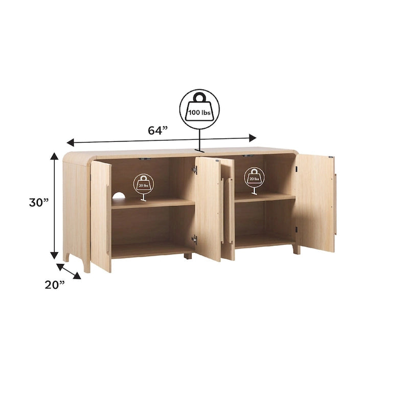 64" Modern Sideboard with Waterfall Edges, Wooden Pulls & Storage Shelves, MDF, 64W x 20D x 30H in