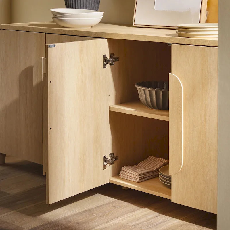 64" Modern Sideboard with Waterfall Edges, Wooden Pulls & Storage Shelves, MDF, 64W x 20D x 30H in