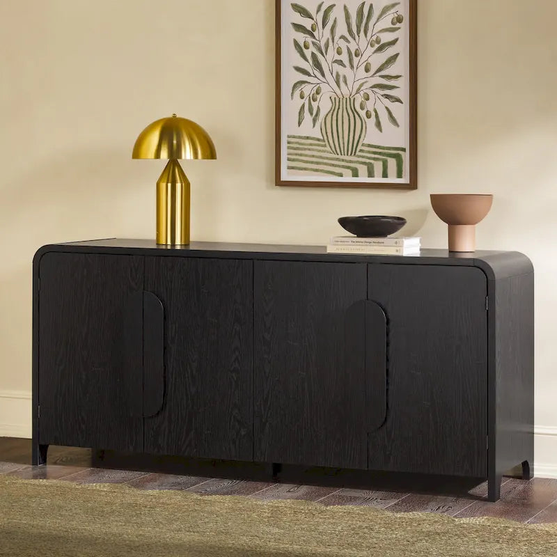 64" Modern Sideboard with Waterfall Edges, Wooden Pulls & Storage Shelves, MDF, 64W x 20D x 30H in