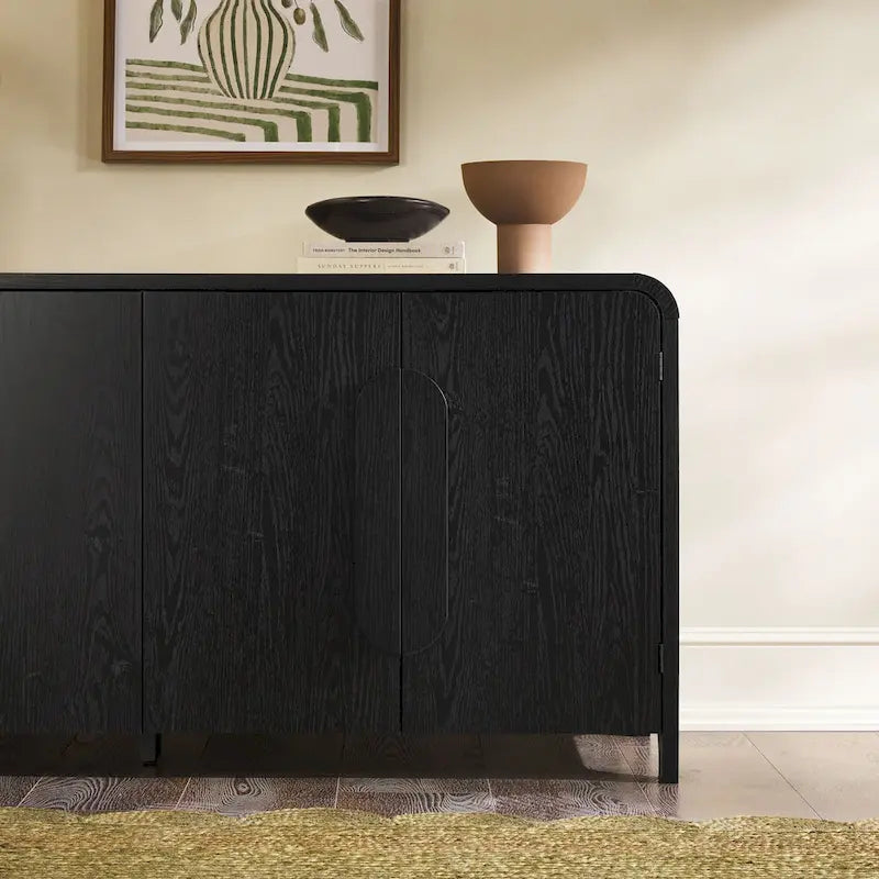 64" Modern Sideboard with Waterfall Edges, Wooden Pulls & Storage Shelves, MDF, 64W x 20D x 30H in